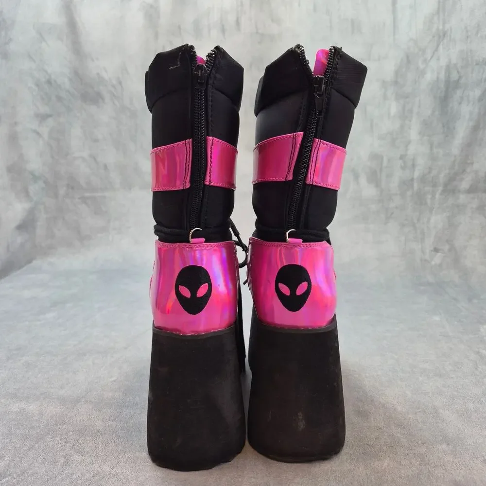 YRU Qronic Holographic Goth Punk Festival Rave Pink Platform Winter Boot Size 7